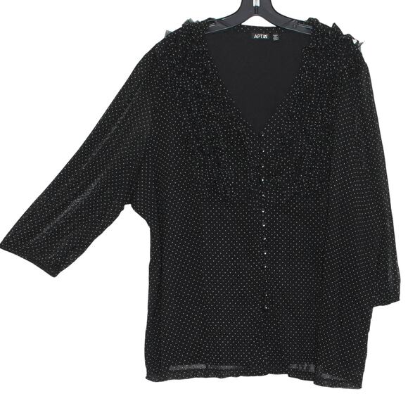 Apt 9 Top 3/4 Sleeve Minimalist Retro Sheer Ruffle Polka Dot Button Up Black 3X - Picture 6 of 6